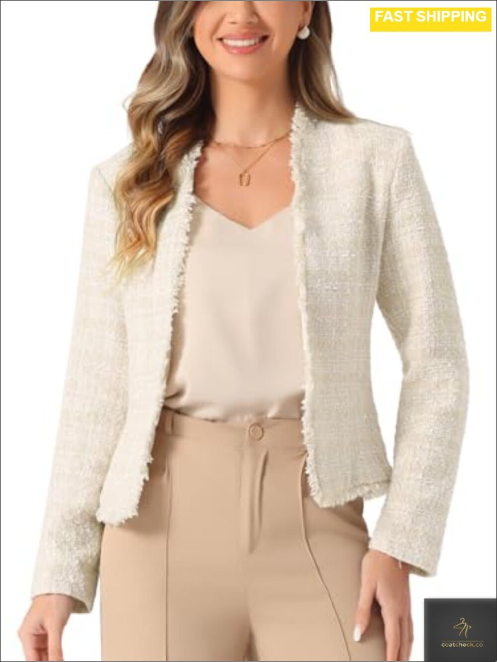 Plaid Tweed Open Front Blazer Jacket Long Sleeve Collarless